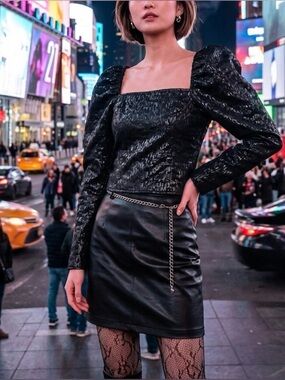 H&M Black Shimmery Puff-Sleeve Top